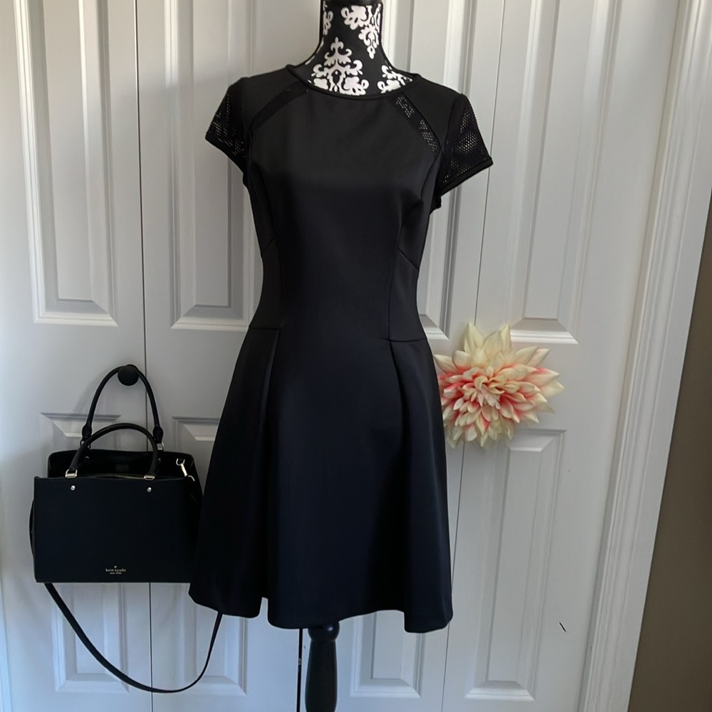 Chaps LBD dress w/ black netting detail on sleeves & across front. Great lines